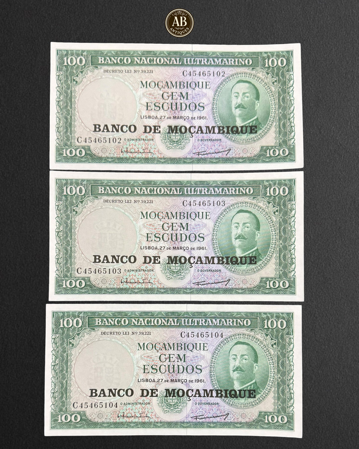 Mozambique – 100 Escudos Banknotes – 1961 (Consecutive Numbers, Uncirculated)