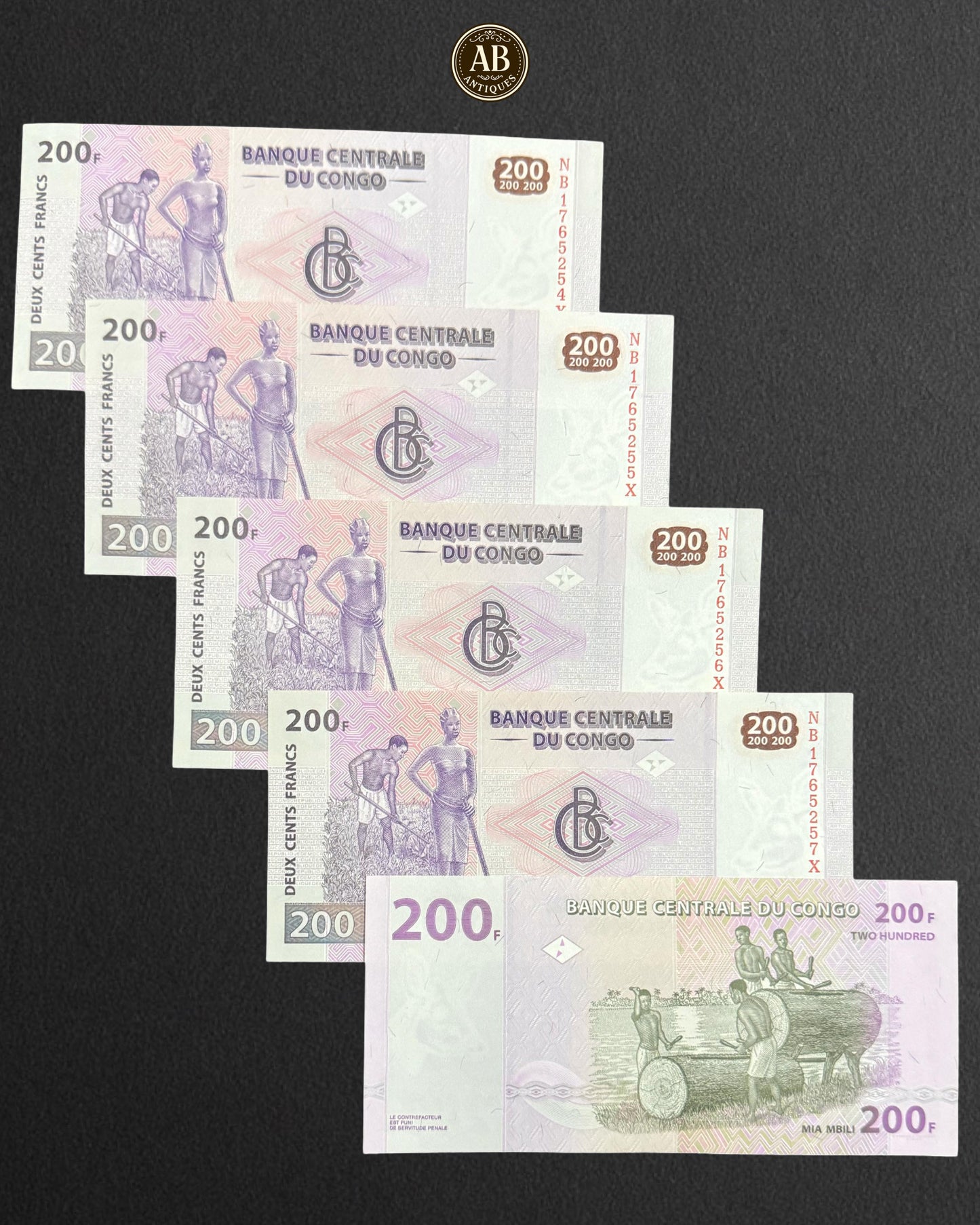 Democratic Republic of Congo – 200 Francs 5 Banknotes (Consecutive Numbers, Uncirculated)