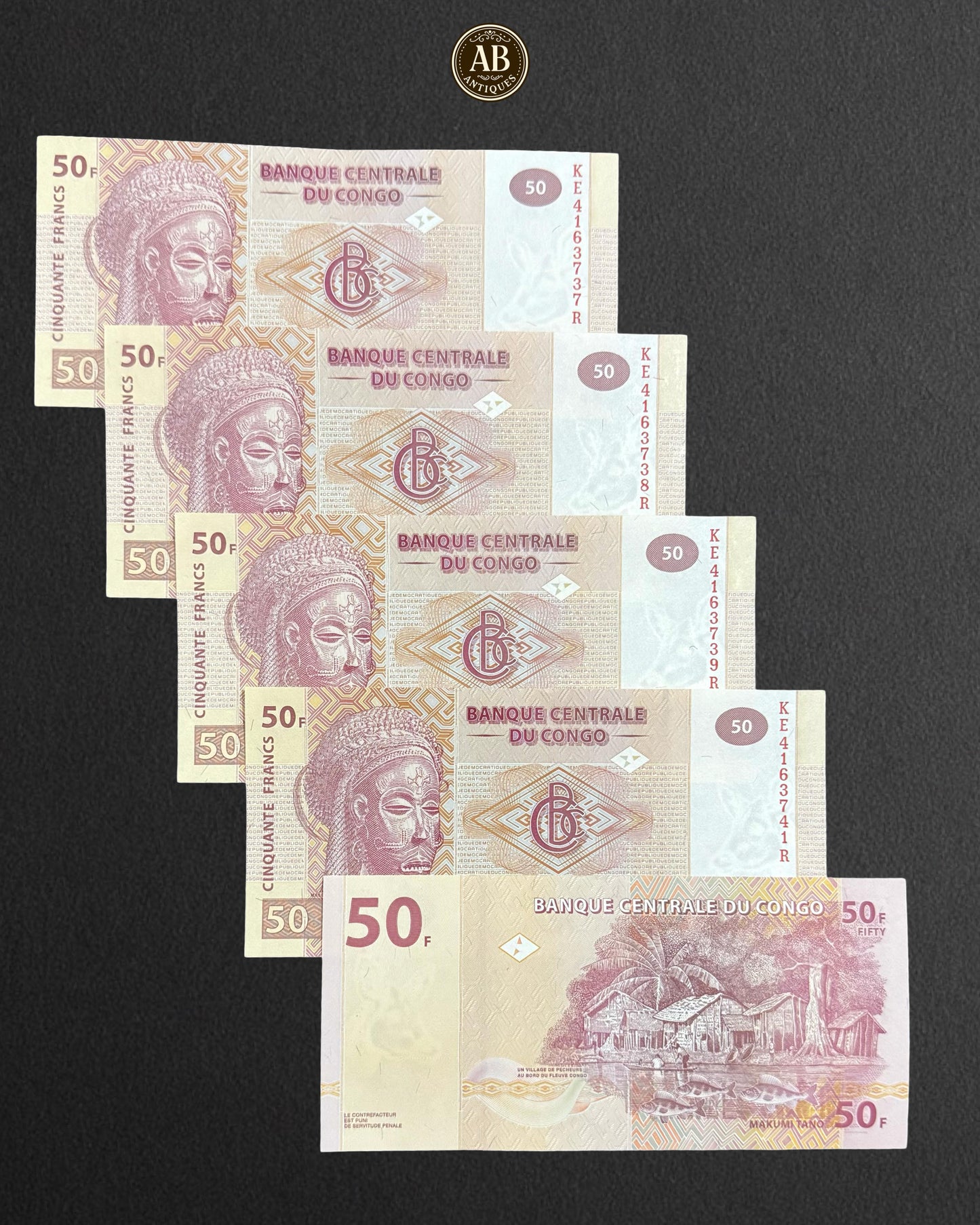 Democratic Republic of Congo – 50 Francs 5 Banknotes (Consecutive Numbers, Uncirculated)