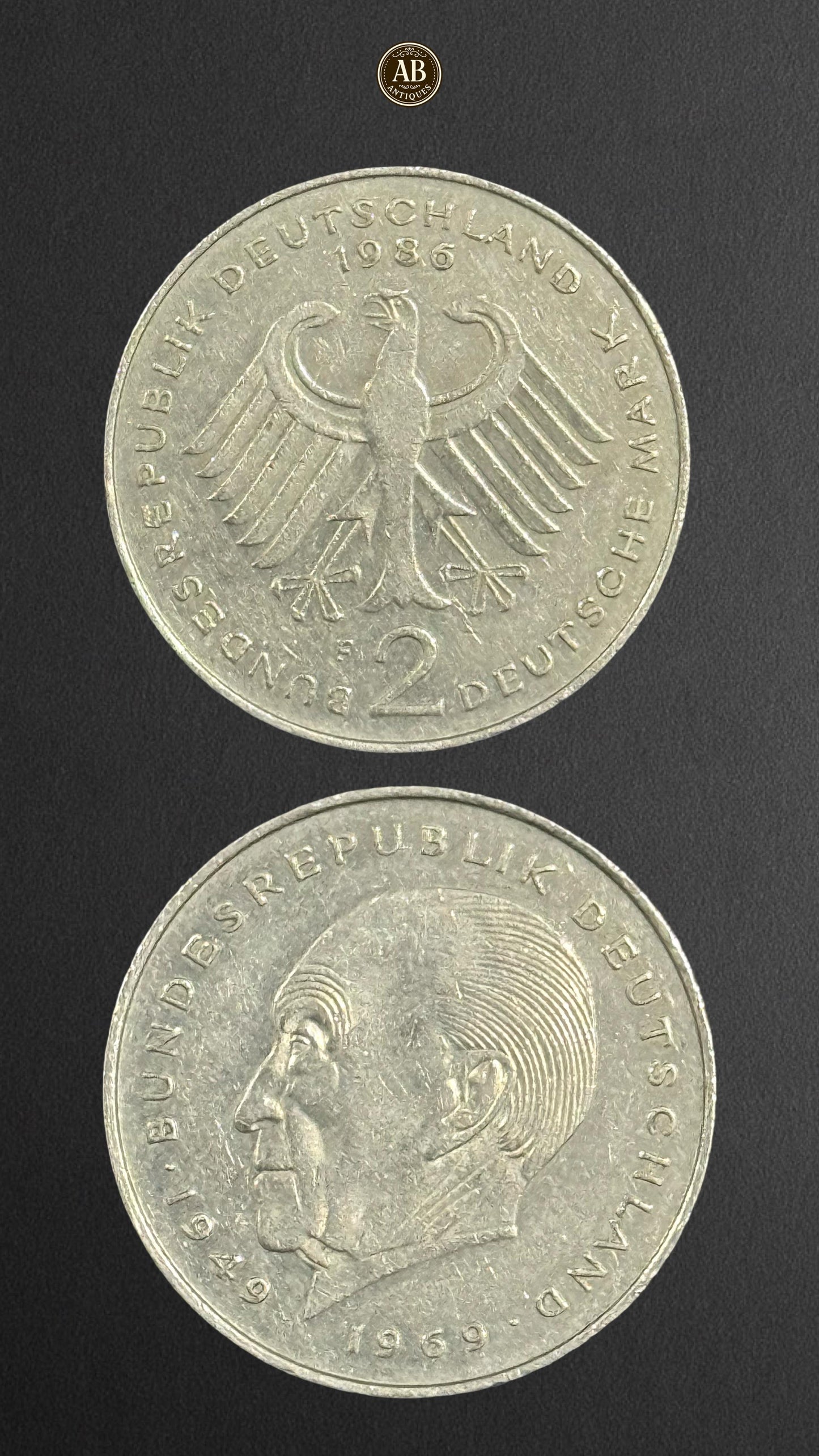 West Germany 2 Deutsche Mark Coin (1986) – Featuring President Theodor Heuss