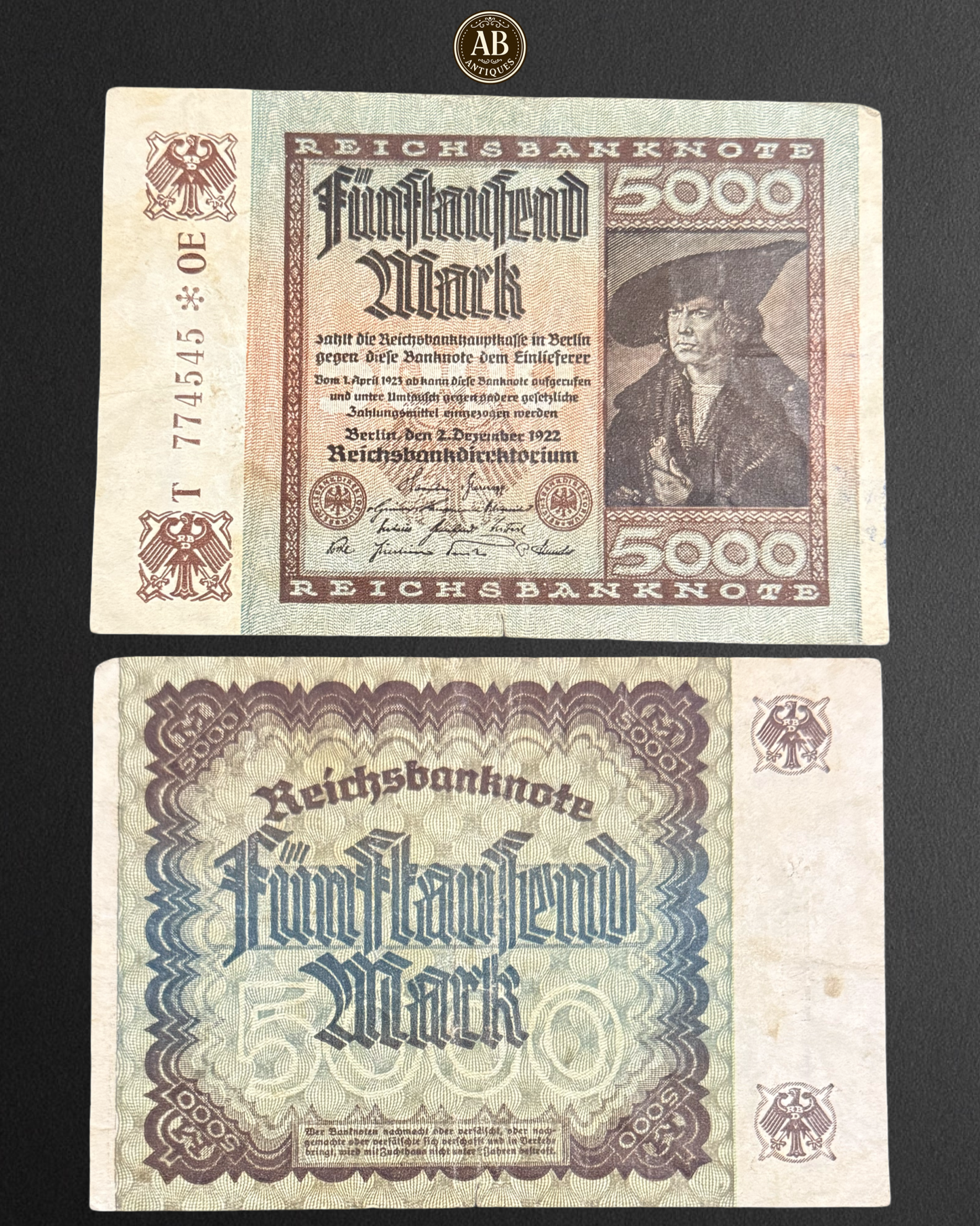 ألمانيا - ورقة نقدية من فئة 5000 مارك (1922، ورقة نقدية من الرايخ) رقم تسلسلي خاص - 774545