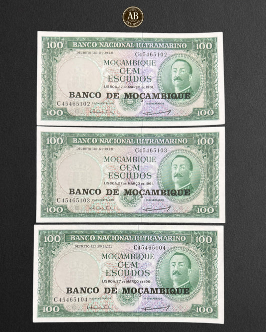 Mozambique – 100 Escudos Banknotes – 1961 (Consecutive Numbers, Uncirculated)