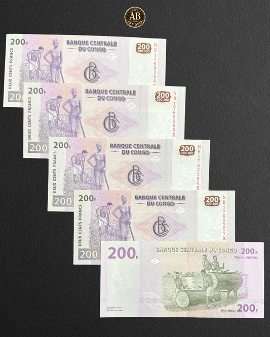 Democratic Republic of Congo – 200 Francs 5 Banknotes (Consecutive Numbers, Uncirculated)