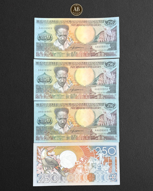 Suriname – 250 Gulden (4 Banknotes) – 1988 (Consecutive Numbers, Uncirculated)