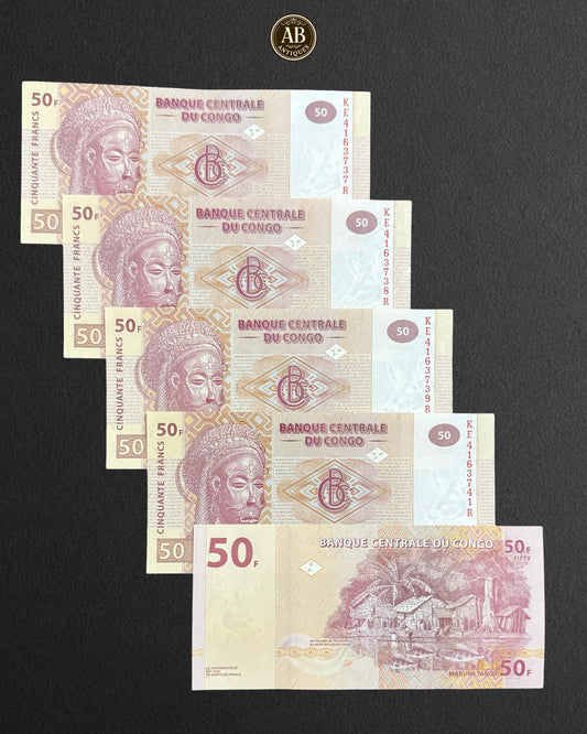 Democratic Republic of Congo – 50 Francs 5 Banknotes (Consecutive Numbers, Uncirculated)