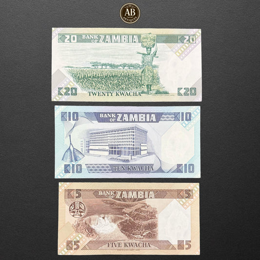 ثلاثية زامبيا الزاهية – أوراق ٢٠ و١٠ و٥ كواشا، إصدار ١٩٨٠