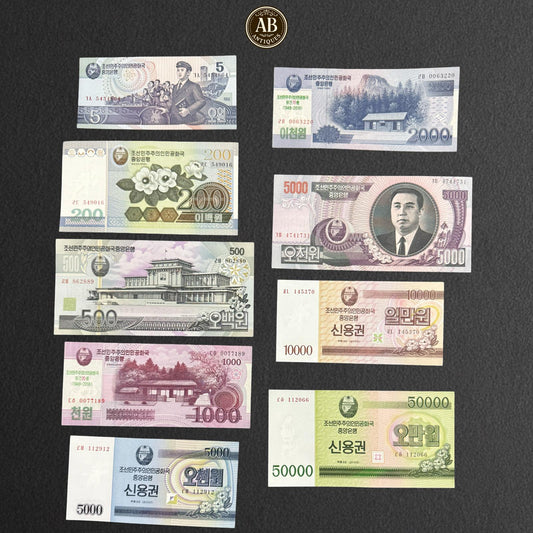 Democratic People’s Republic of Korea (North Korea) – Banknotes Collection (Various Denominations: 5 Won to 50,000 Won)