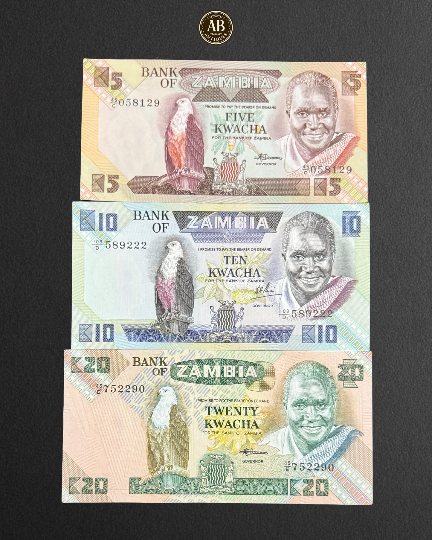 Zambia 1980/88 – Kwacha Banknotes Collection (5, 10, and 20 Kwacha)