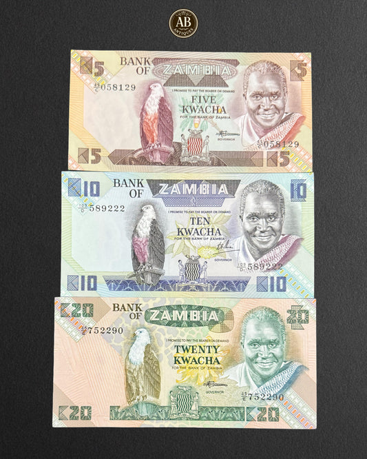 Zambia 1980/88 – Kwacha Banknotes Collection (5, 10, and 20 Kwacha)