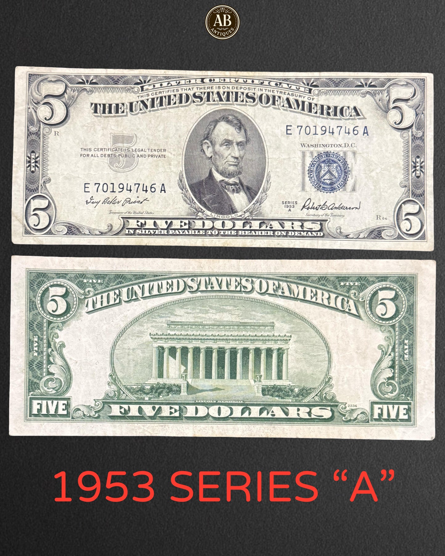 United States $5 Silver Certificate – 1953 “Series A” (Abraham Lincoln, Blue Seal)